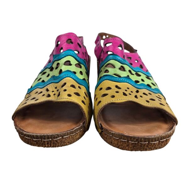 Karyoka Multicolor Cutout Wavy Colorblock Slingback Wedge Sandals 38 US 7.5 - 8 - Picture 5 of 14